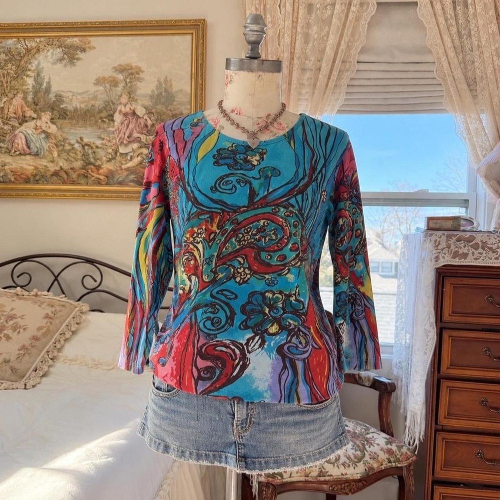 Colorful Paisley Print Top Y2K Parsley and Sage paisley long sleeve top